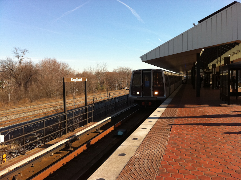 Metrorail Blue line train at King Street Old Town station in Old Town Alexandria, Virginia