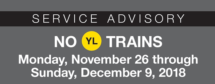 Customers are reminded there will be no Yellow Line service from Monday, November 26 through Sunday, December 9, as crews make structural repairs and infrastructure upgrades on the bridge. Yellow Line customers should use the Blue Line for alternate service between Virginia and DC.