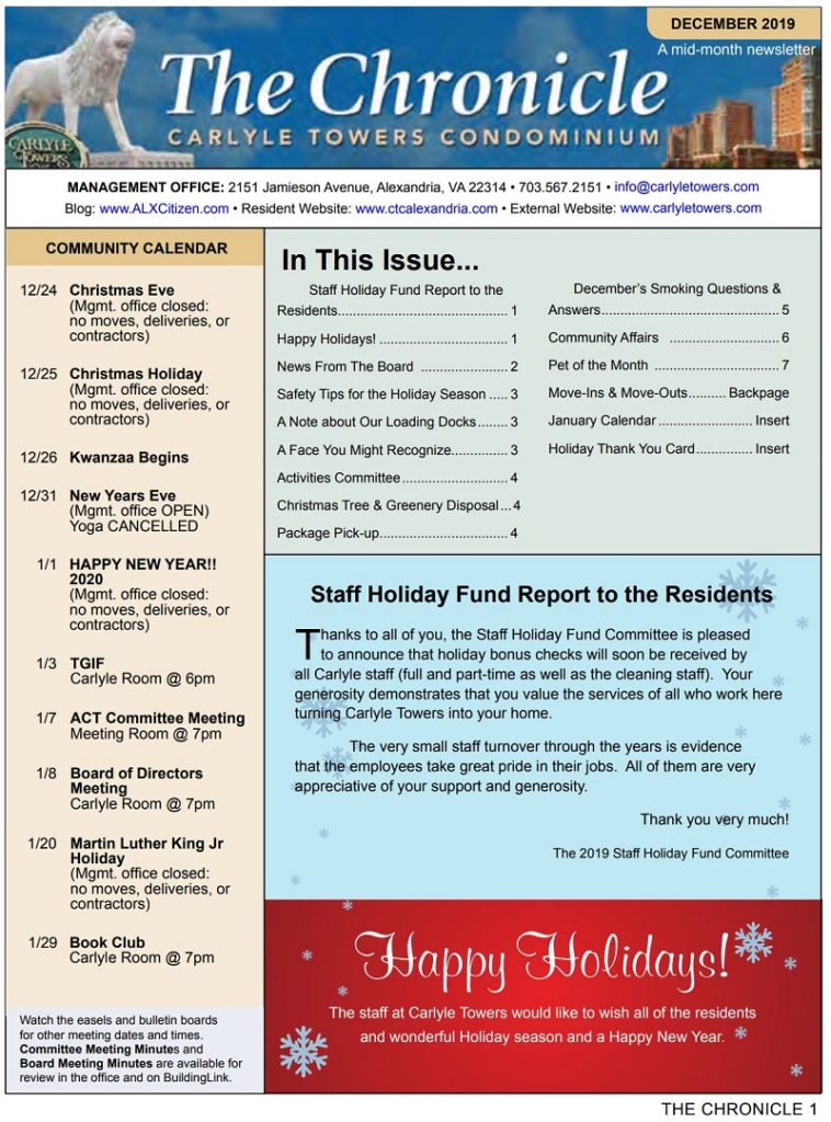 The December 2019 edition of the Carlyle Towers Condominiums monthly newsletter ‘The Chronicle’ has been posted. Residents can check it out here.